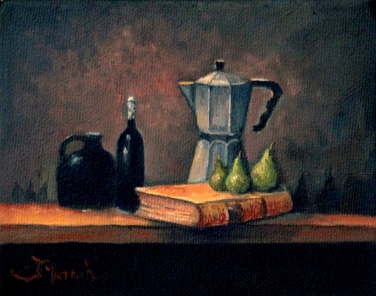Still Life Painting of paintbrushes, oranges, grapes and vase.