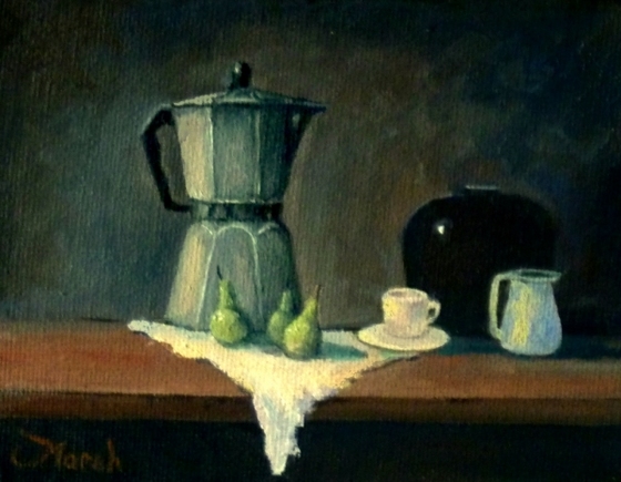 Still Life Painting of moka coffee pot and pears