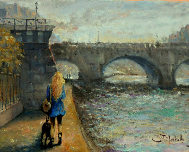 Pont Neuf Paris, France oil painting of girl  walking her dog by fred marsh