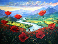 Painting of Poppies at the river valley provence france